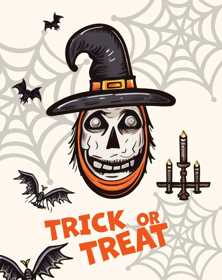 Happy Halloween poster with pumpkin, ghost, scull, spiderweb. Vector illustration. Place for text. Brochure frame