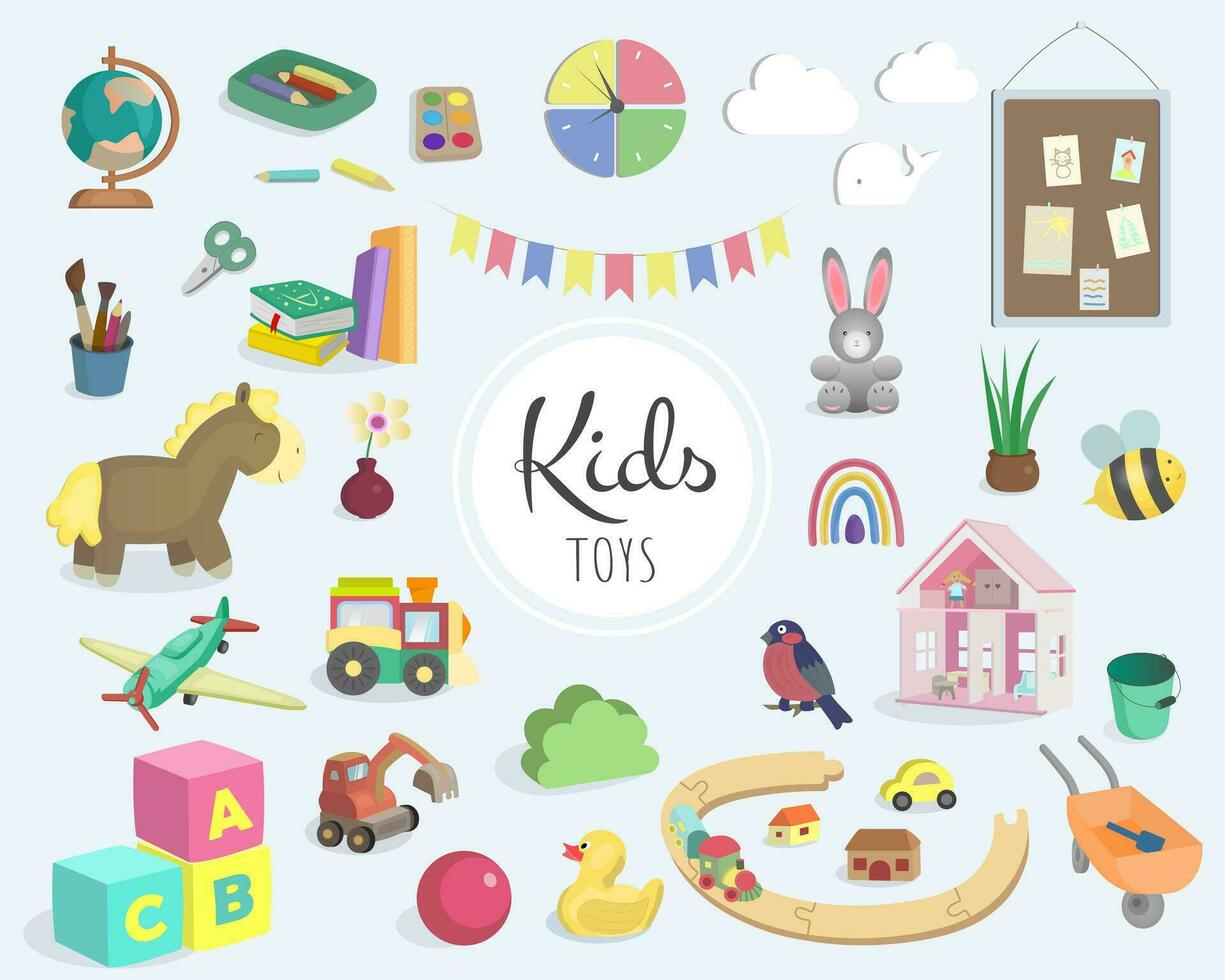 Big set of kid toys, chalkboard, pencils, drawings, books, cubes and wall decor. Childish colored vector illustration.