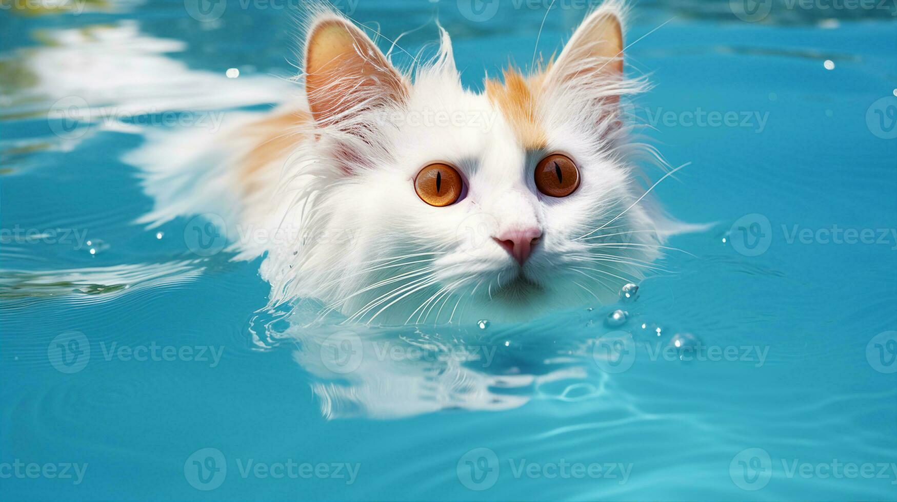 Turkish Van cat gracefully swimming in a pool, its distinct color pattern on display. Generative AI photo