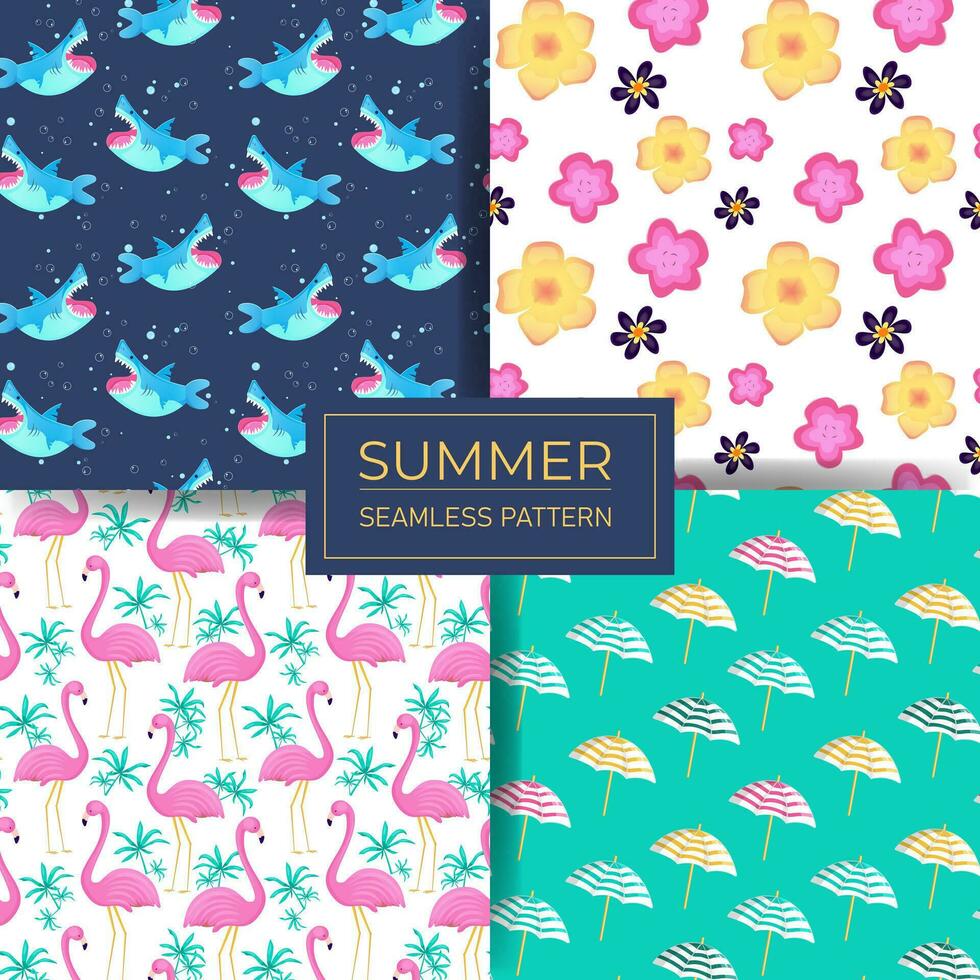Set of 4 colorful summer seamless patterns. Tropical backgrounds vector