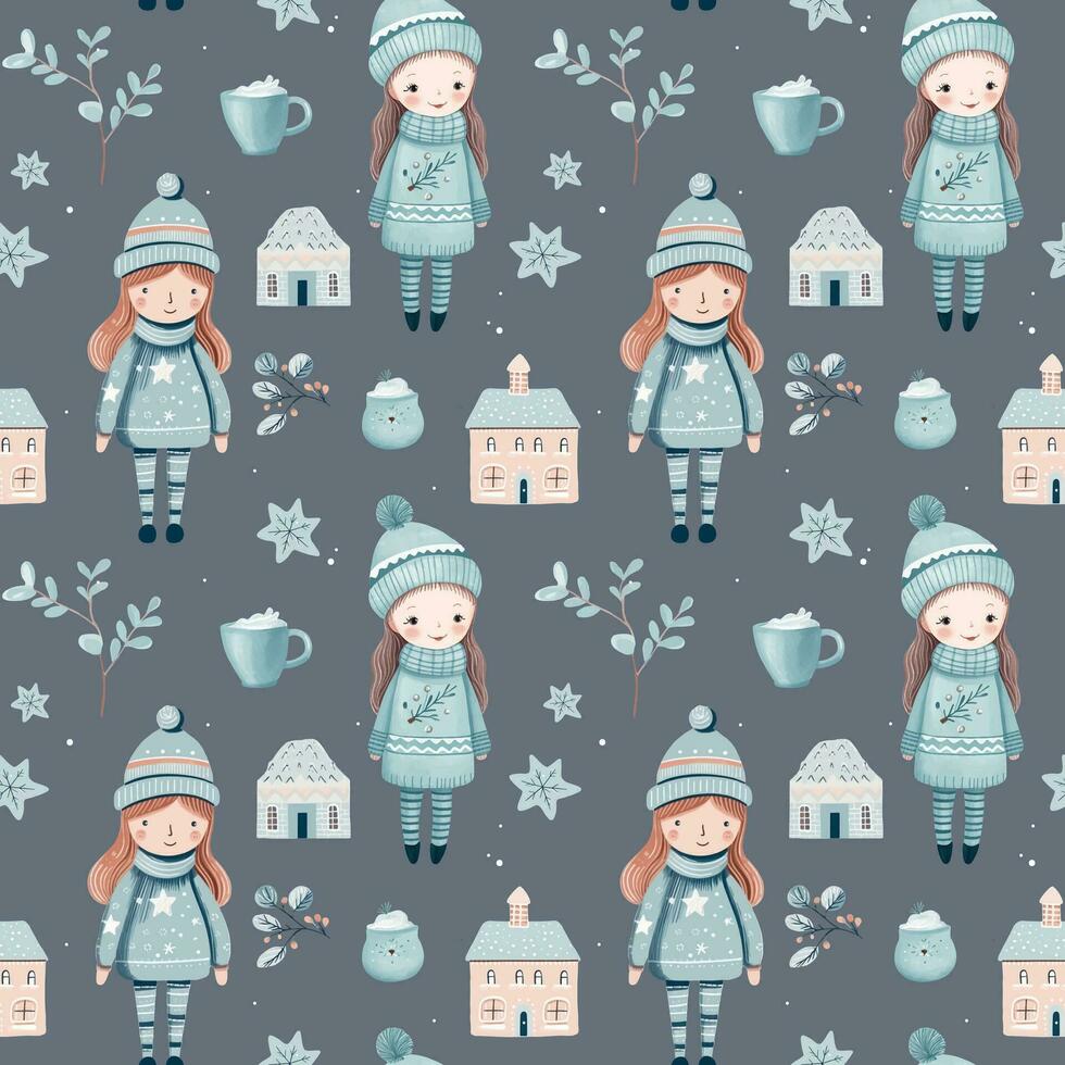 Seamless pattern with doodle girl and houses. Vector hand drawn christmas elements. Winter background