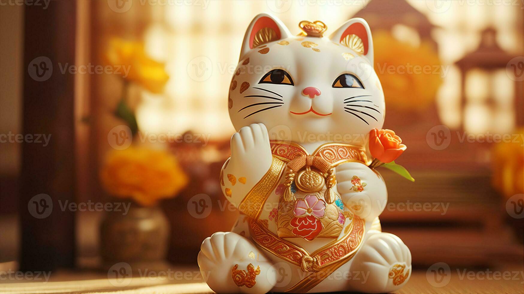 maneki - neko, el suerte gato estatua, con sus elevado pata, conjunto en contra un fondo de antiguo pergaminos generativo ai foto