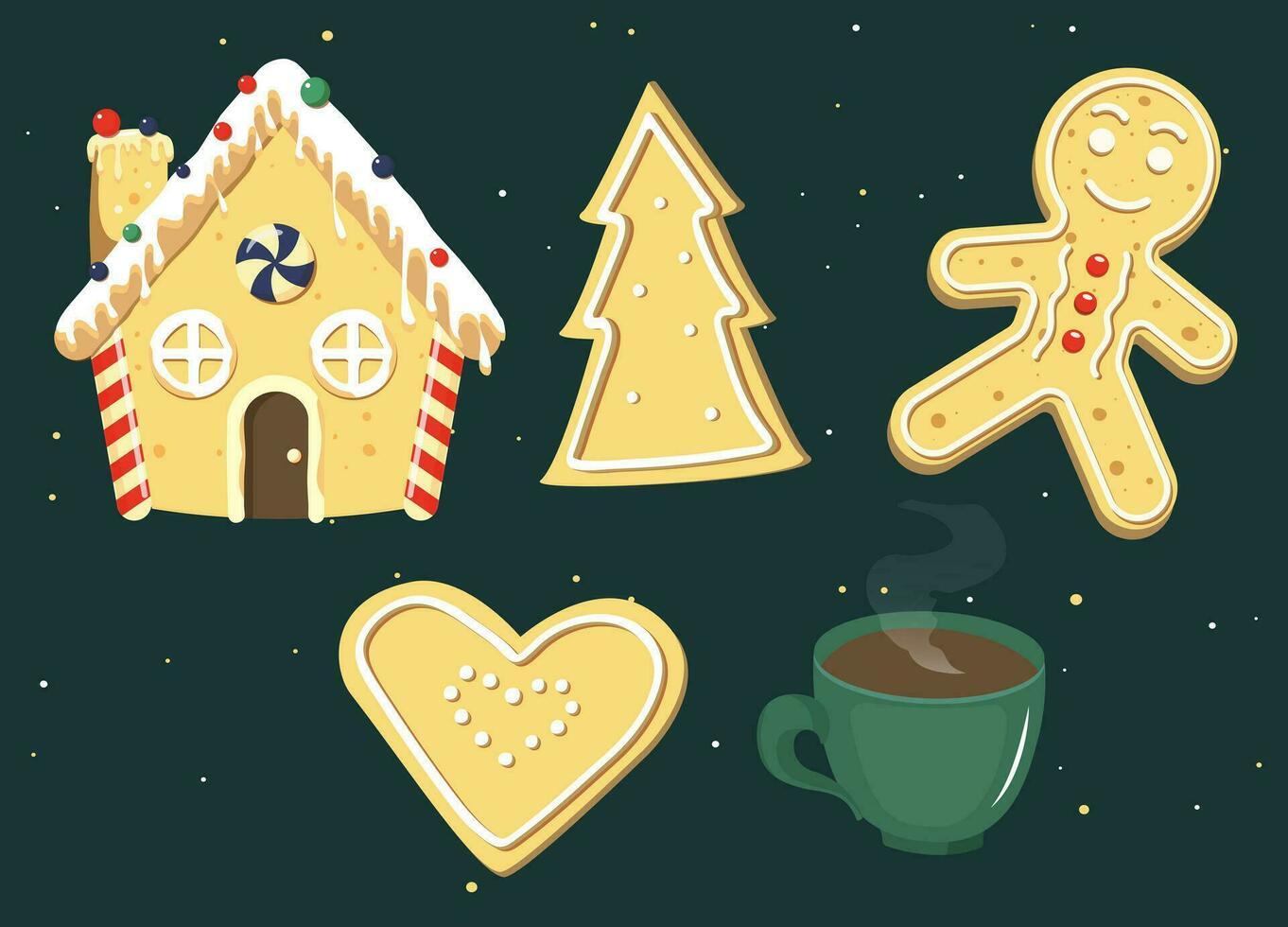 Xmas Gingerbread cookies. Cute ginger bread men, house, heart, tree. Christmas Classic biscuit. vector