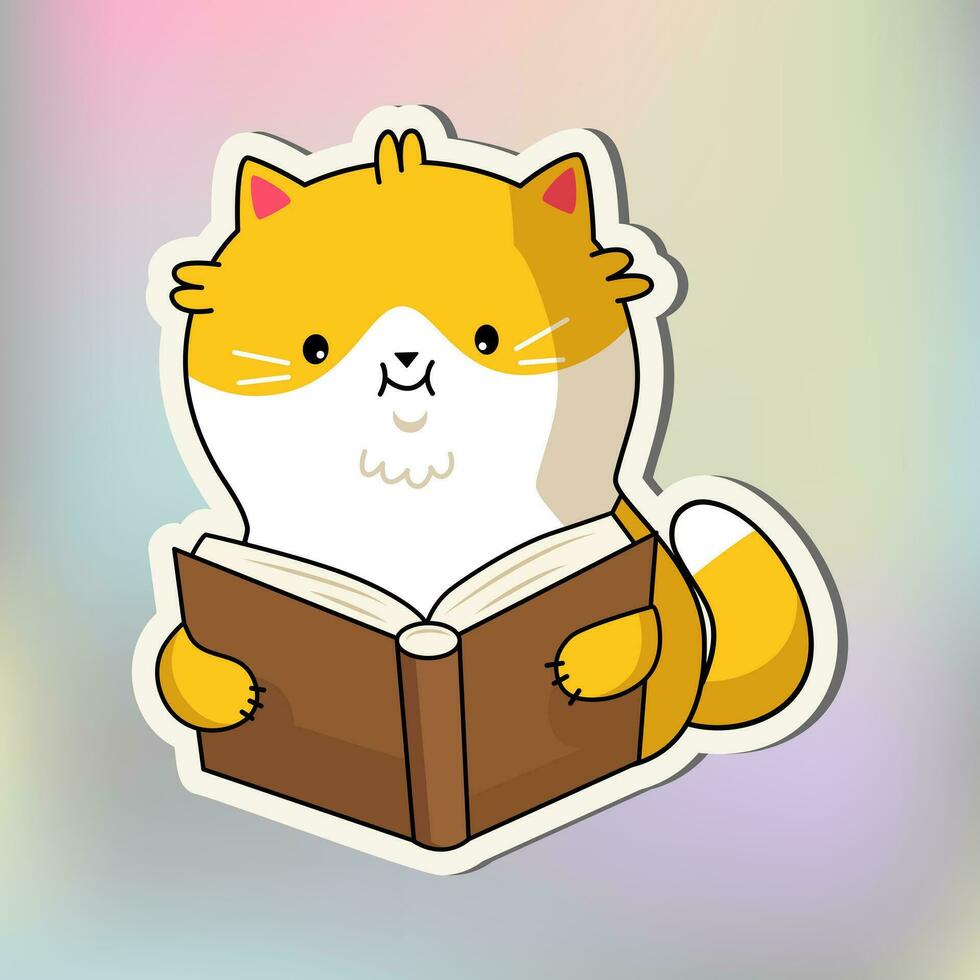 linda gato en kawaii estilo. dibujos animados gato leyendo un libro. vector ilustración gato.