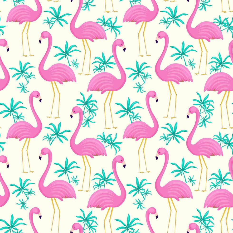 Summer seamless pattern of flamingo and tropical leaves. Vector background