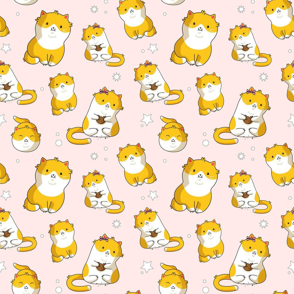 Seamless pattern with funny cats and stars. Cute hand drawn kitten. vector