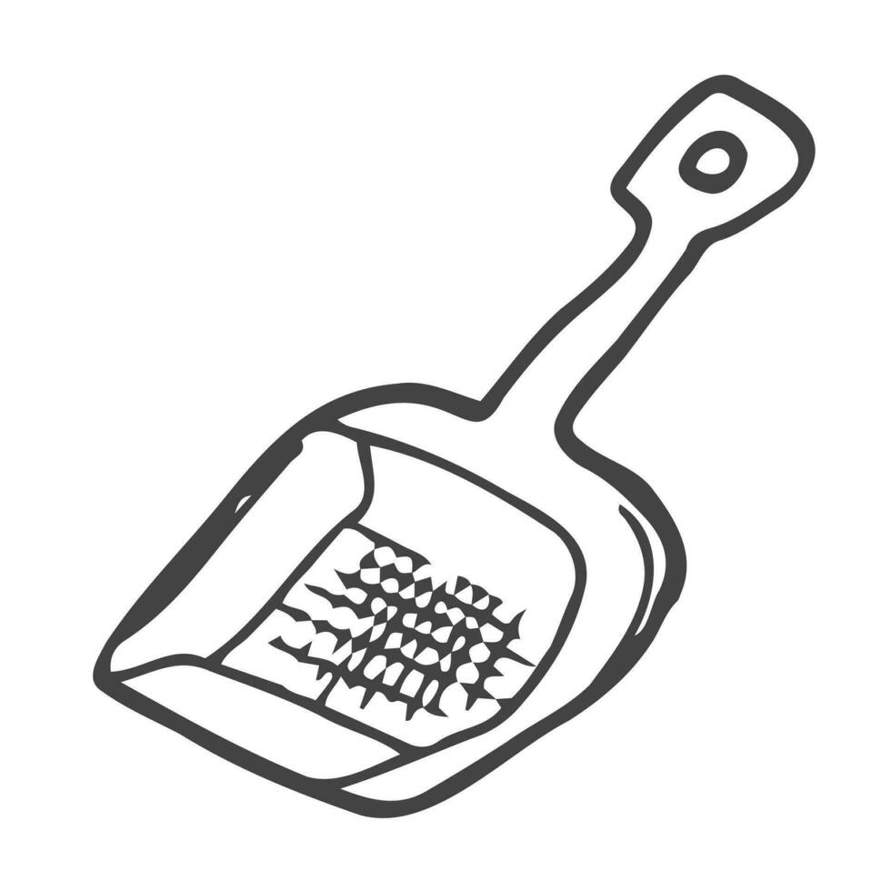 A shovel for cleaning a cat litter box. Cleaning cat litter, doodle illustration. Vector graphics, pet care