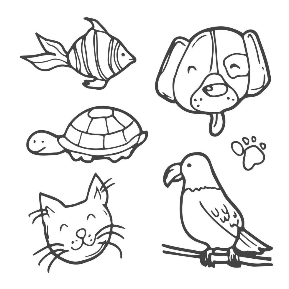 Different pets in various poses. Hand drawn vector set of home pets goldfish, cat, dog, parrot, turtle. Simple minimal trendy illustration. Flat design. All elements are isolated