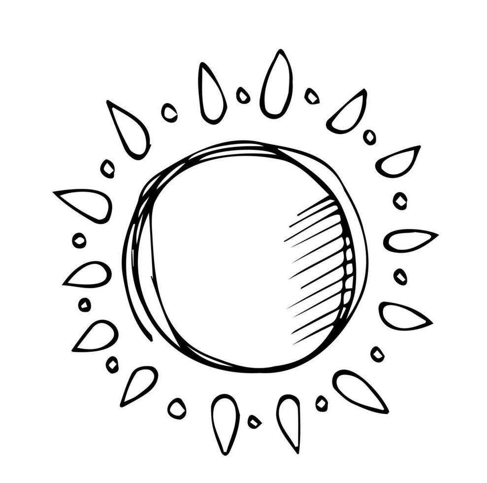 Drawing of the sun. Symbol of the sunny weather. vector hand drawn illustration in the doodle style