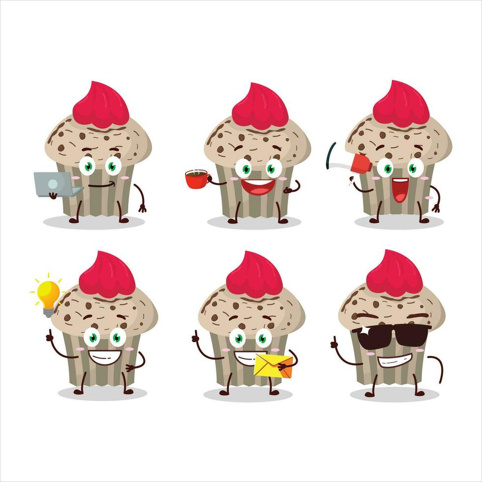 Birthday strawberry muffin cartoon character with various types of business emoticons vector