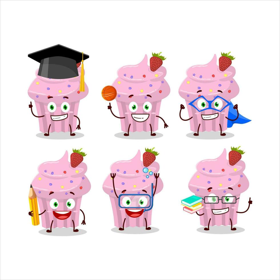 School student of strawberry muffin cartoon character with various expressions vector