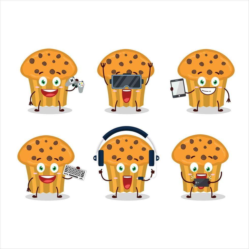 Choco chips muffin cartoon character are playing games with various cute emoticons vector