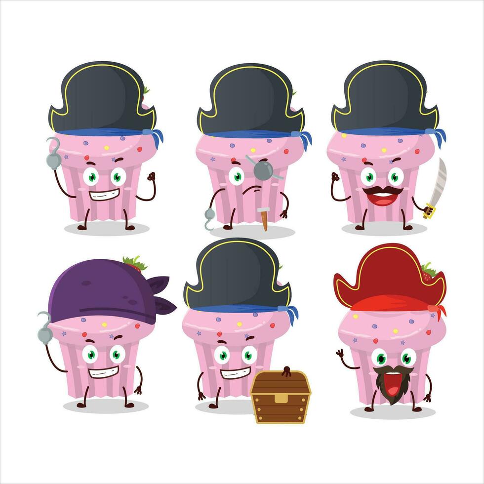 Cartoon character of strawberry muffin with various pirates emoticons vector