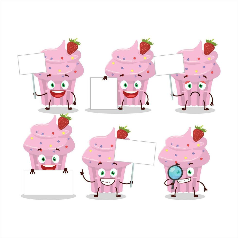 Strawberry muffin cartoon character bring information board vector