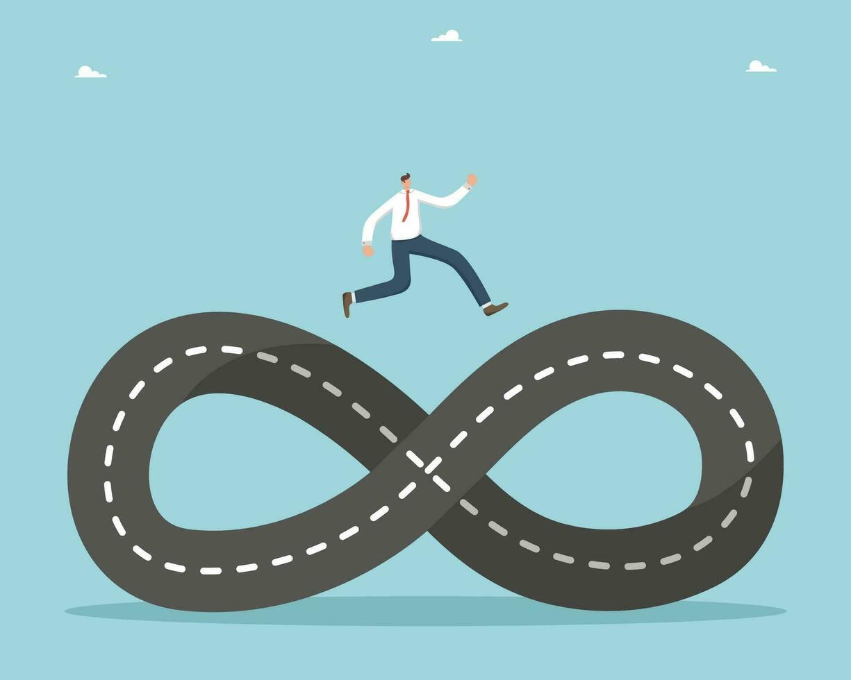 Business cycle, endless routine work or career path, competition for success, daily work routine, constant, no motivation for change, man running along the road in the form of an infinity sign. vector