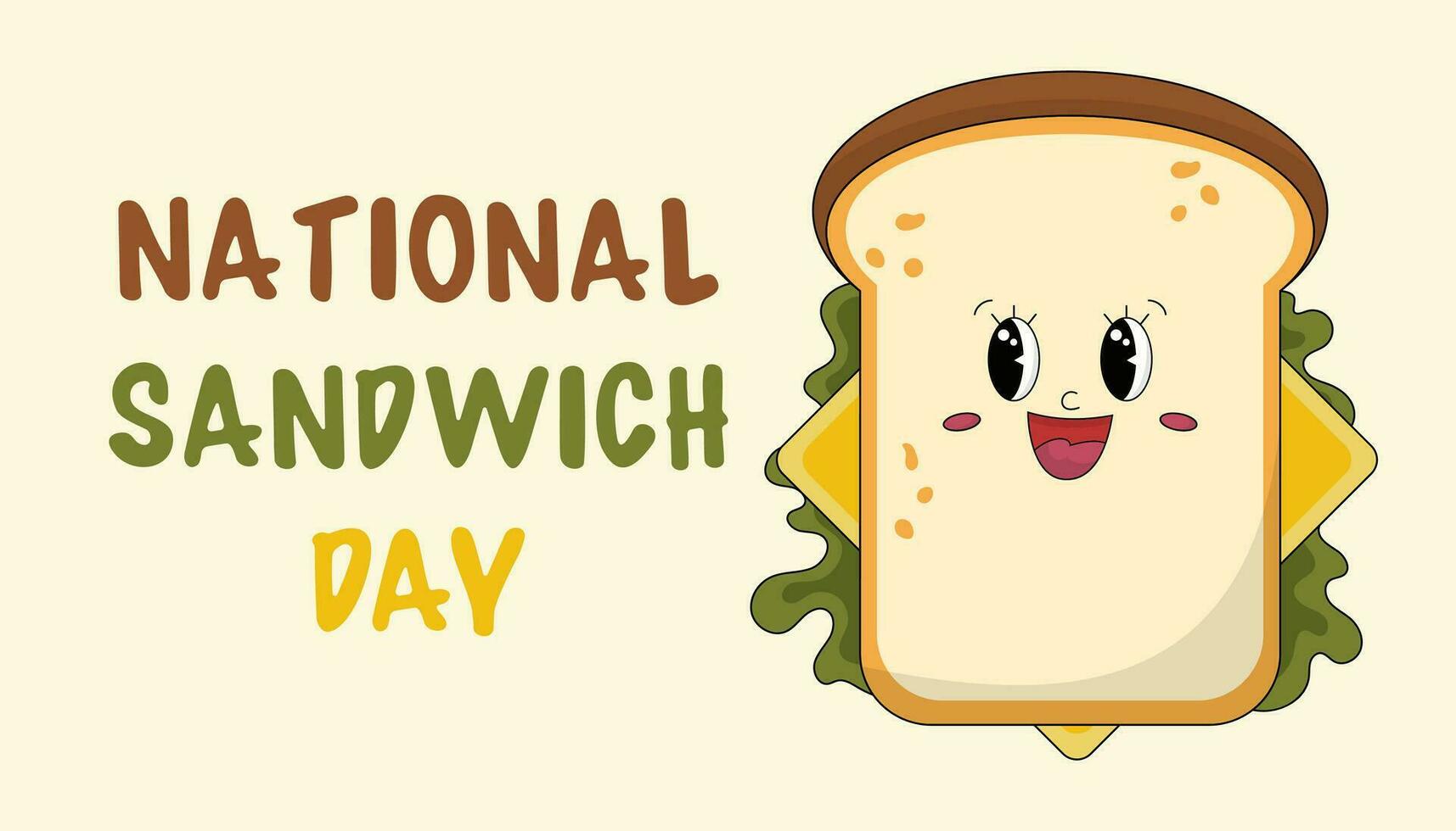 National Sandwich Day. Vector illustration. A piece of bread with cheese and salad. Cute cartoon sandwich character. Holiday banner, poster or web page.