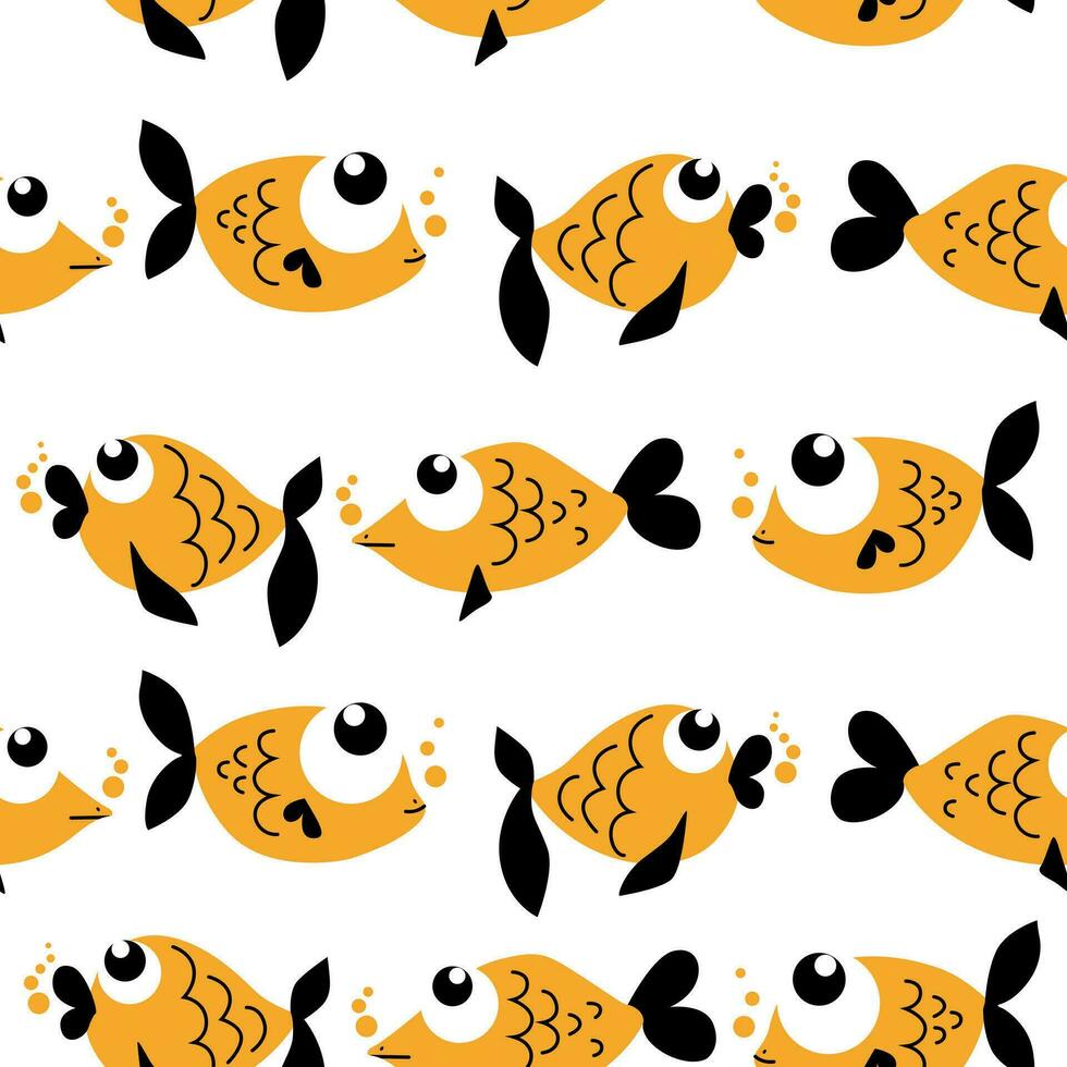 Seamless pattern with cheerful fish. Vector illustration in monochrome hand-drawn cartoon style.