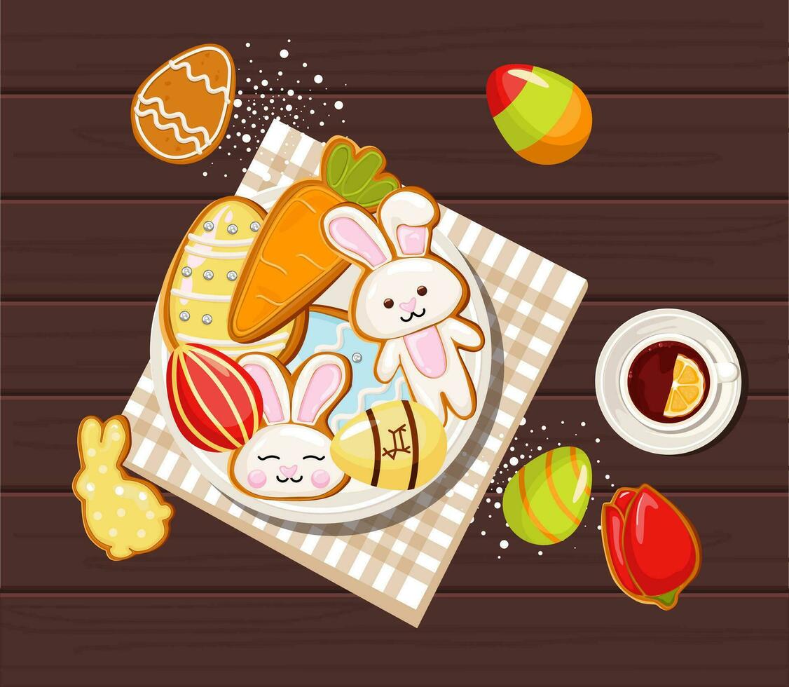 Easter banner holiday day, with Easter eggs and gingerbread cookies on a plate, on a wooden background, concept. Vector