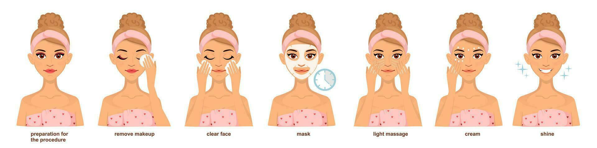 Set of woman doing home beauty treatments. Facial care. vector
