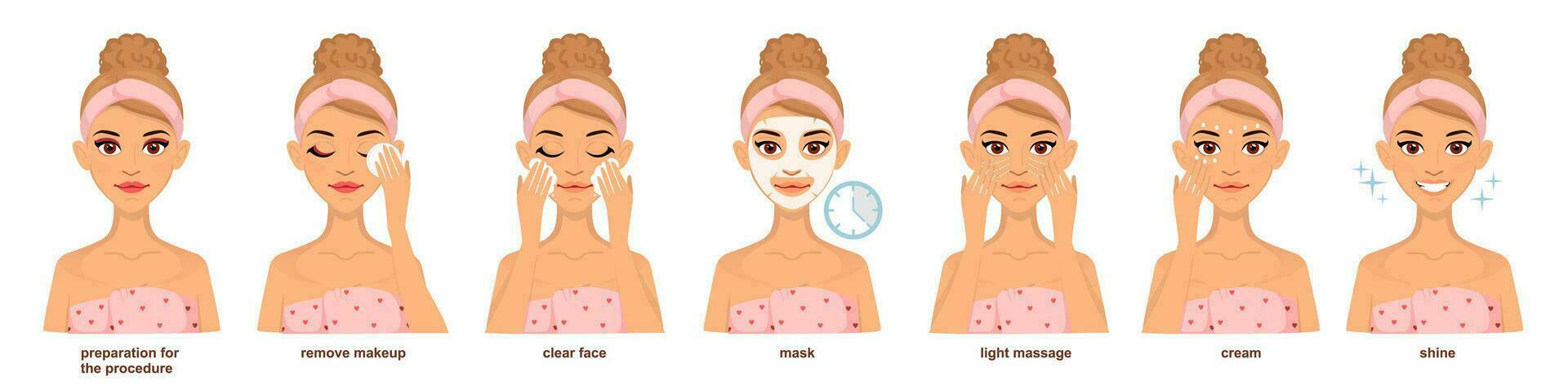 conjunto de mujer haciendo hogar belleza tratos. facial cuidado. vector