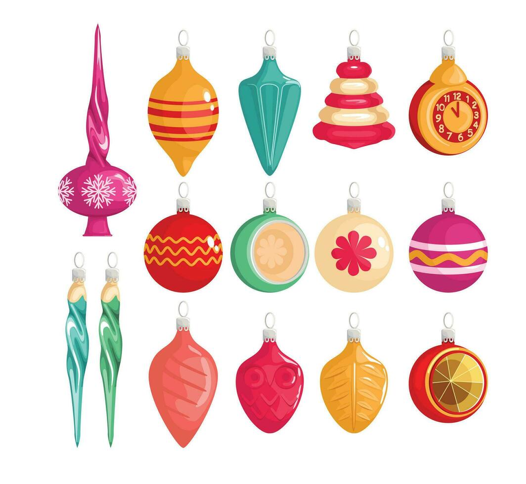 Collection of beautiful Christmas tree decorations isolated on white background vector illustration set. Balls, star, decor with icicles. Colored vector illustration in cartoon style.