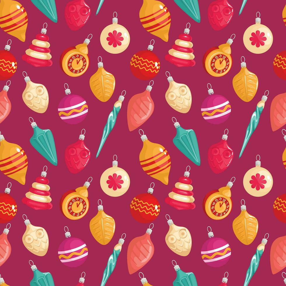 Pattern A collection of beautiful Christmas tree decorations, Suitable for background, wrapping paper, print. Balls, star, decor with icicles. Colored vector illustration in cartoon style.