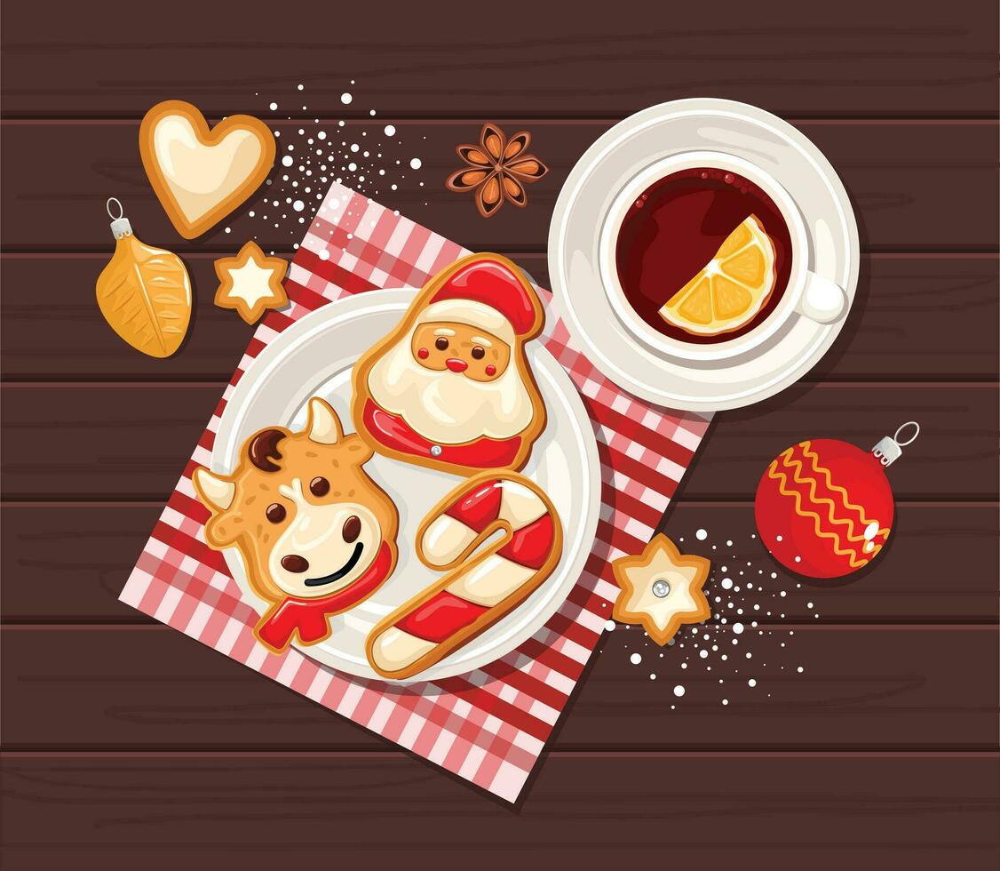 Navidad té fiesta con pan de jengibre piruletas y estrella anís en un de madera antecedentes. vector