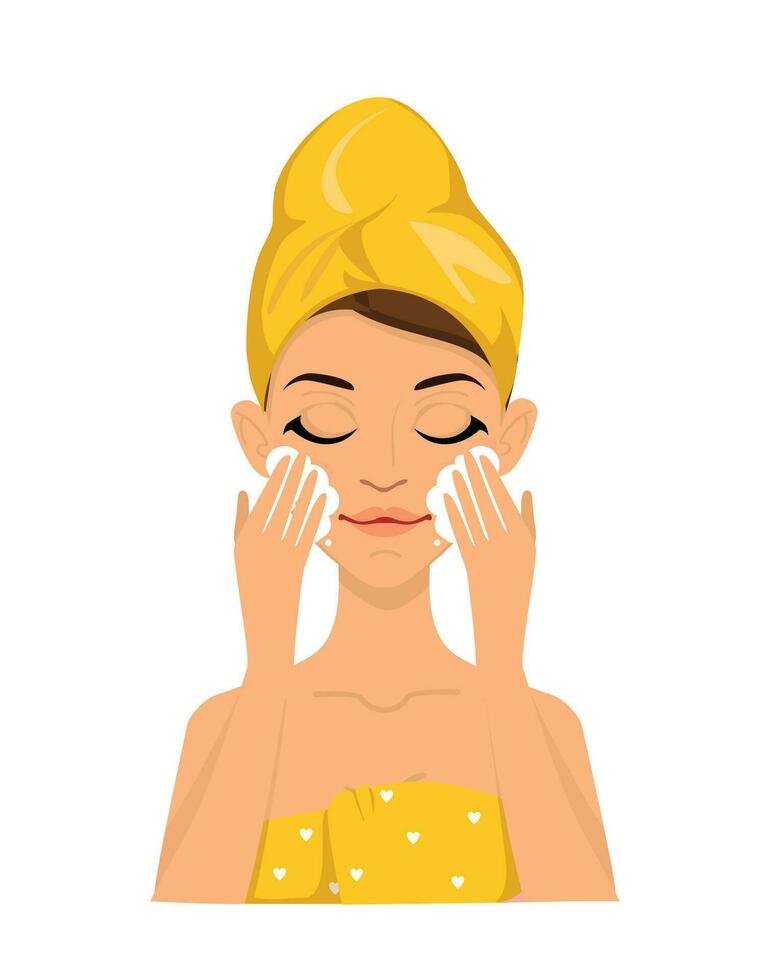 Woman Cleans face doing home beauty treatments. Facial care. vector drawing