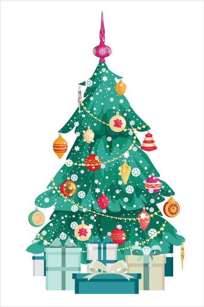 Navidad árbol con decoraciones y regalo cajas cubierto en nieve. vector