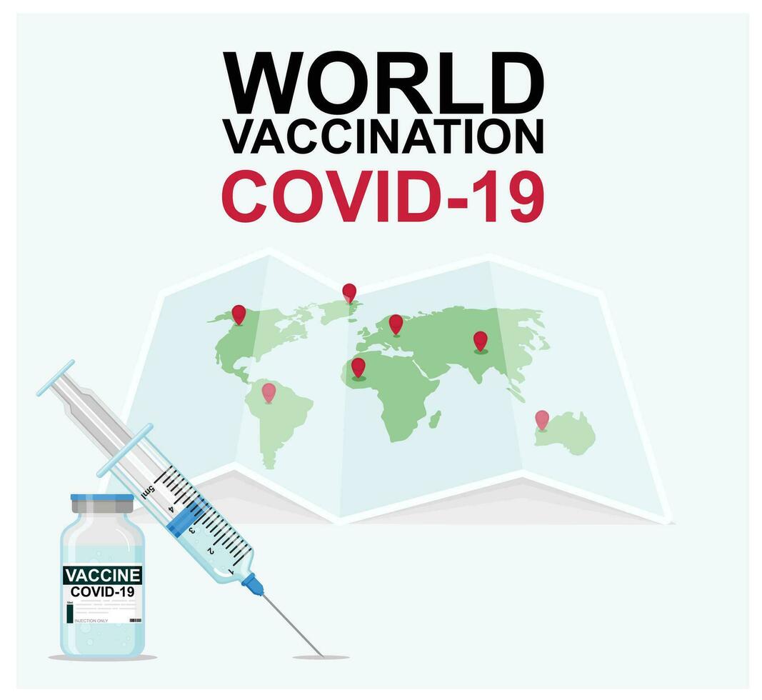 Banner on the theme of the global vaccination of covid. With a picture of a syringe on a map, countries and text design. vector