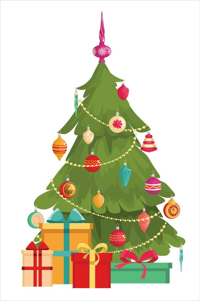 Christmas tree with decorations and gift boxes. Covered in snow. Merry Christmas and Happy New Year. Vector illustration