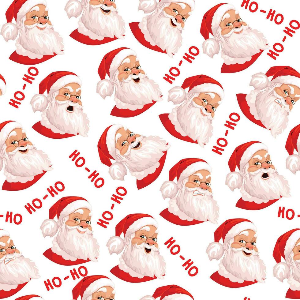 Santa Claus seamless pattern, set of 6 real emotions. Ideal for wallpapers, textiles, backdrops, wrapping paper. Template design.On white background. Evil, kind, cheerful. vector