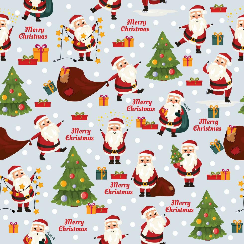 Merry Christmas seamless pattern with Santa Claus, tree and gifts in vector. Wrapping paper or print. vector