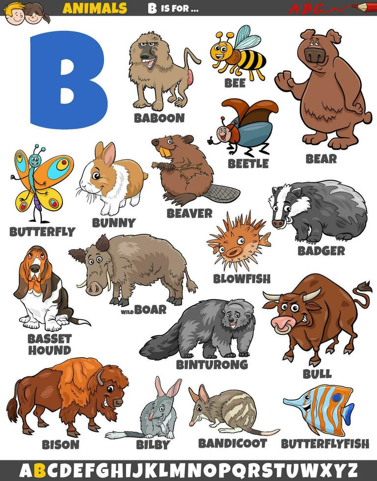 cartoon animal characters for letter B educational set vector