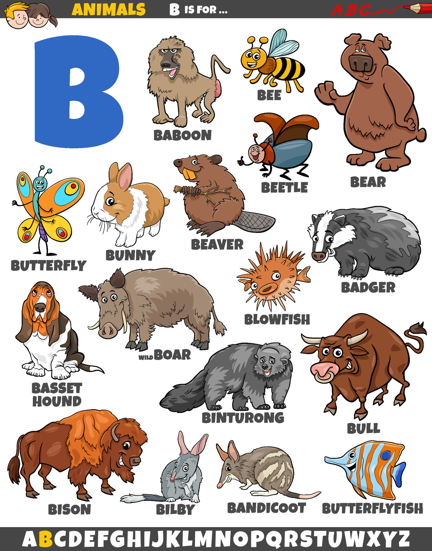 cartoon animal characters for letter B educational set 30201432 Vector