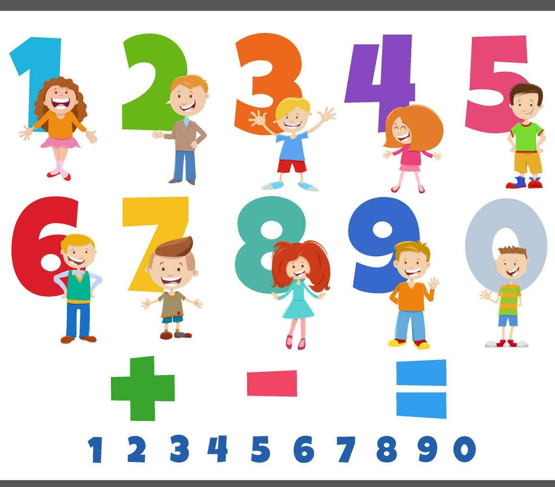 educational numbers set with comic children characters vector