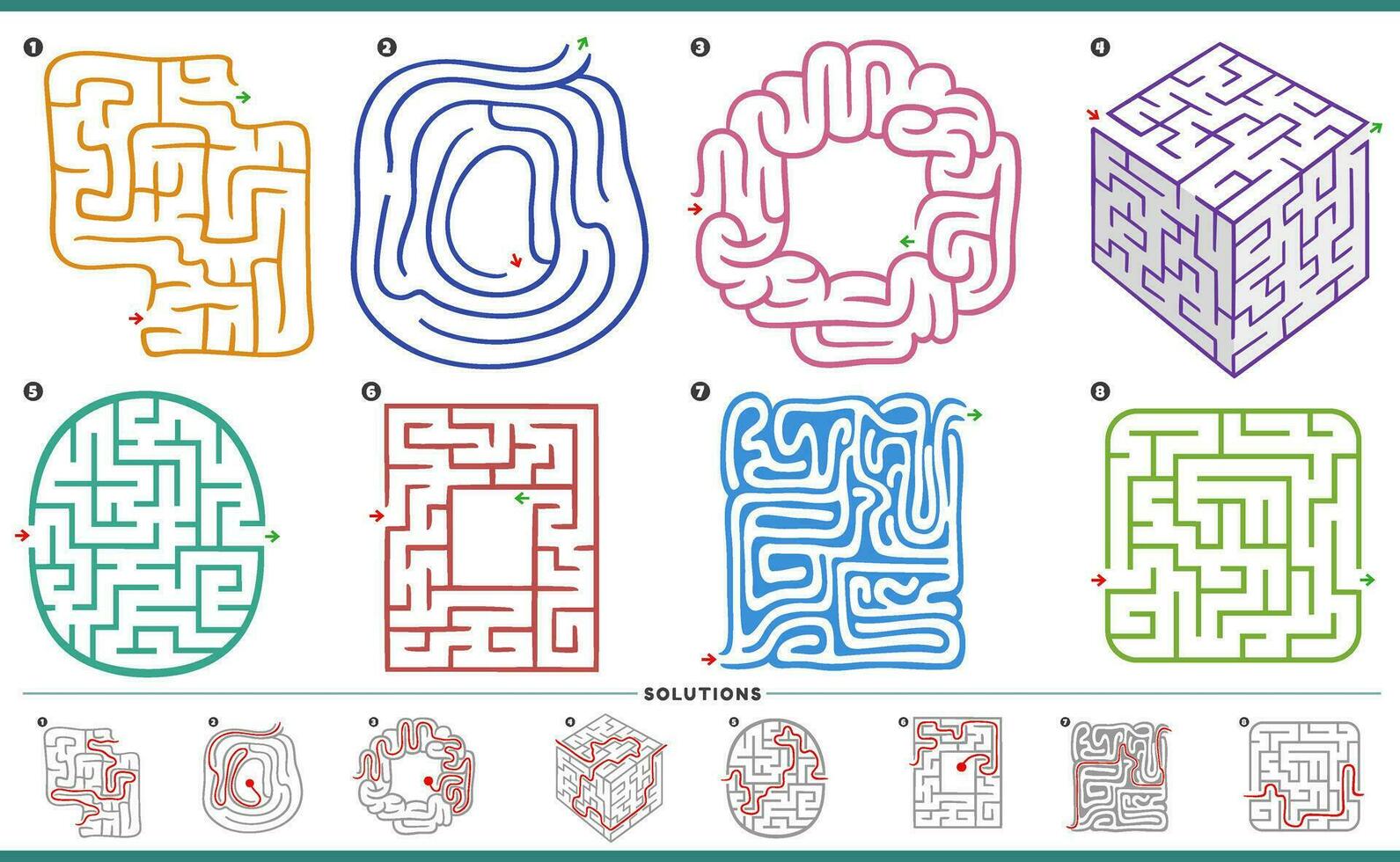 maze puzzle activities graphs set with solutions vector