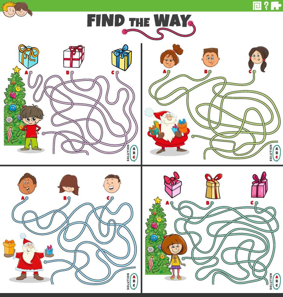 find the way maze games set with Santa Claus and kids on Christmas vector