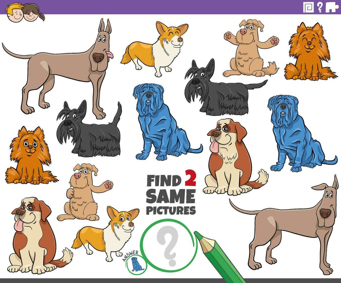 encontrar dos mismo dibujos animados perro caracteres educativo actividad vector