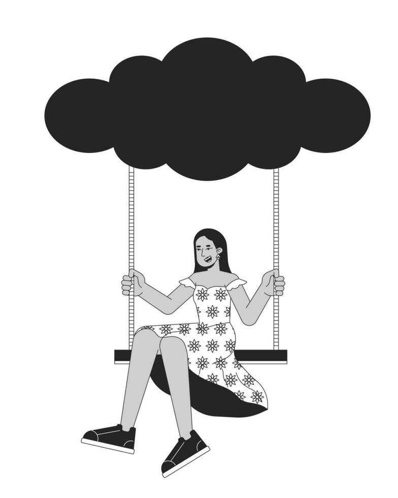 contento niña en columpio colgando desde nube negro y blanco 2d ilustración concepto. balanceo mujer despreocupado dibujos animados contorno personaje aislado en blanco. Sueños imaginación metáfora monocromo vector Arte