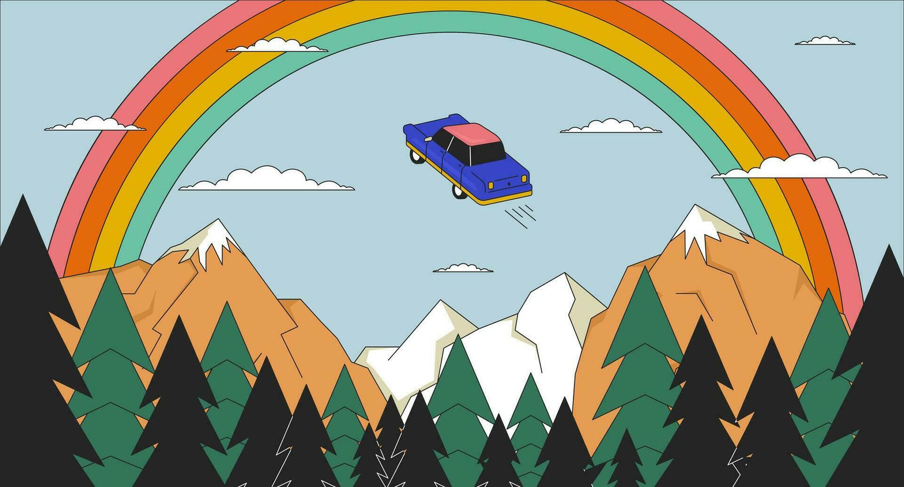 psicodélico volador coche en arco iris cielo 2d lineal ilustración concepto. montañas bosque magia dibujos animados escena antecedentes. levitando coche terminado abetos metáfora resumen plano vector contorno gráfico