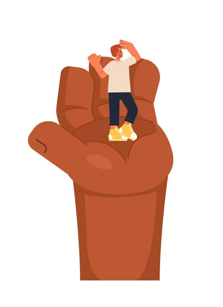 European man standing on outstretched hand 2D illustration concept. African american arm support guy isolated cartoon character, white background. Looking around metaphor abstract flat vector graphic