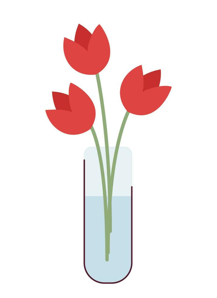 Tulips spring flowers in glass vase 2D cartoon object. Blooming plants. Seasonal present springtime romance isolated vector item white background. Mothers day celebration color flat spot illustration