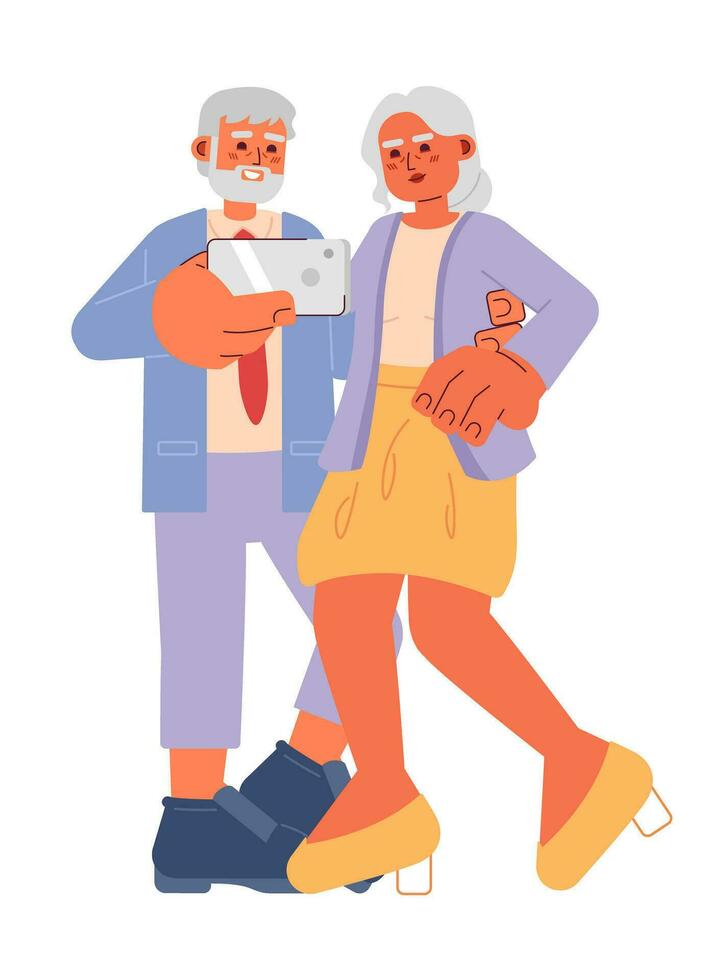 Elderly fashionable couple taking selfie 2D cartoon characters. Senior adults taking picture phone isolated vector people white background. Grandparents happy retirement color flat spot illustration