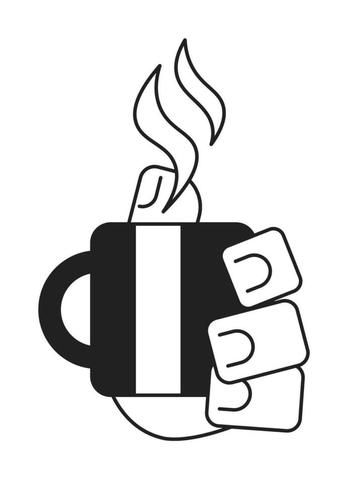 Holding cup with coffee hot drink cartoon hand outline illustration. Morning beverage steamed 2D isolated black and white vector image. Steaming mug with tea flat monochromatic drawing clip art