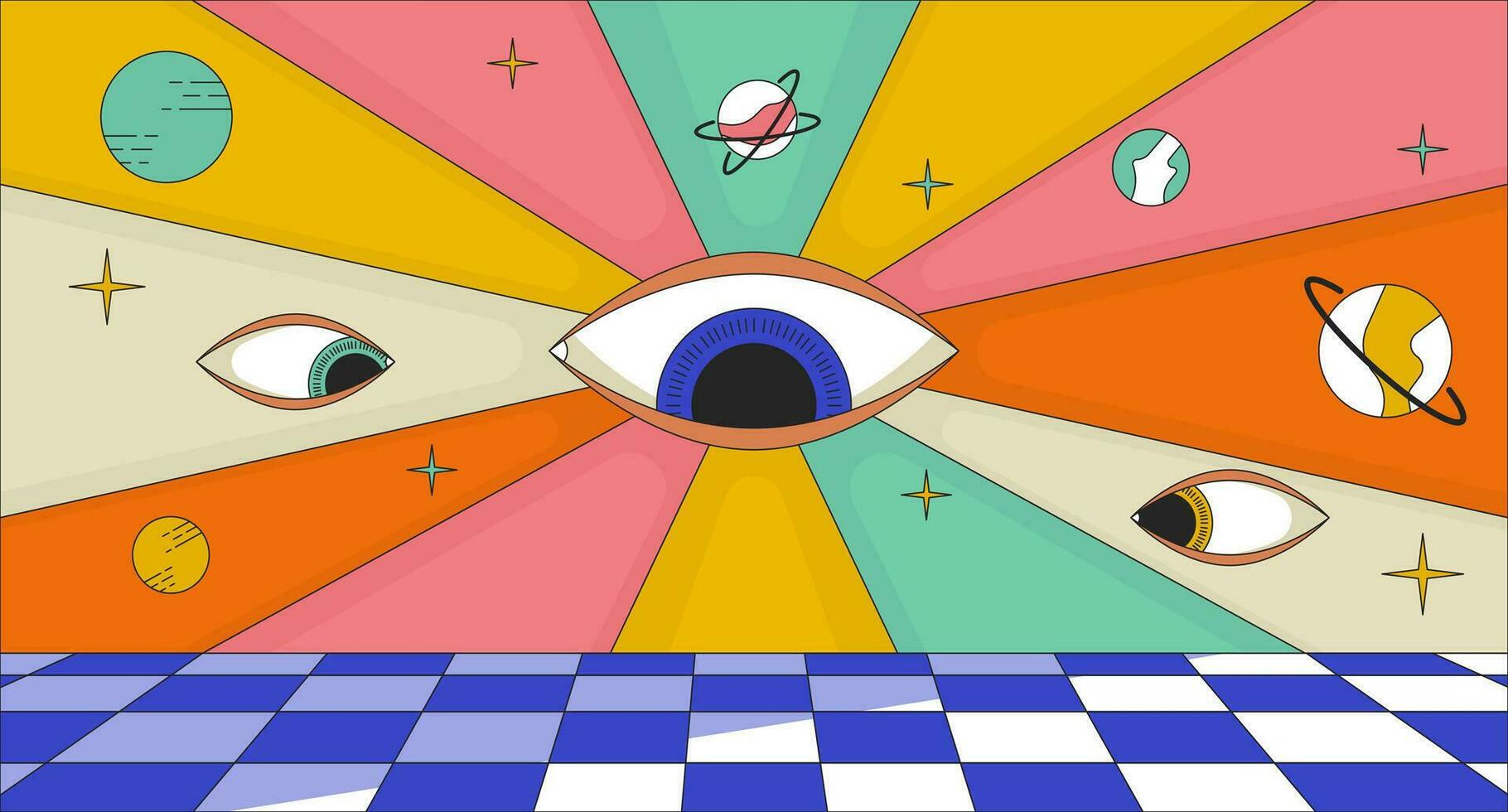 Groovy psychedelic world 2D linear illustration concept. 70s retro watching over eyes trippy cartoon scene background. Rave surreal. Dream hallucination metaphor abstract flat vector outline graphic