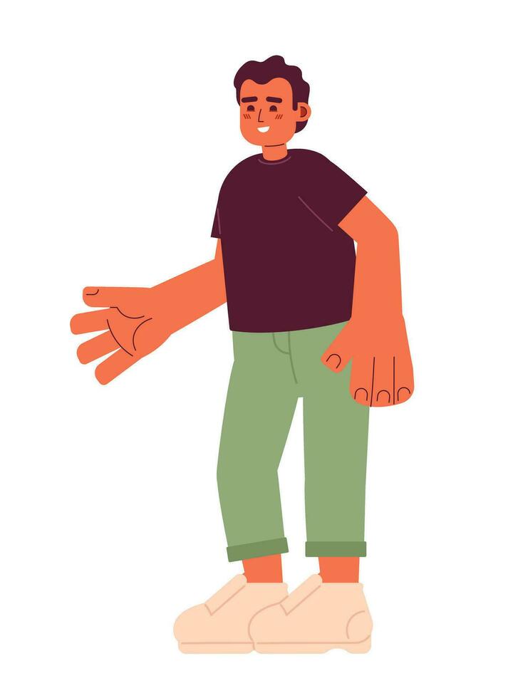 Hispanic young adult man welcoming gesturing 2D cartoon character. Latin american guy with hand outstretched isolated vector person white background. Nice to see you color flat spot illustration