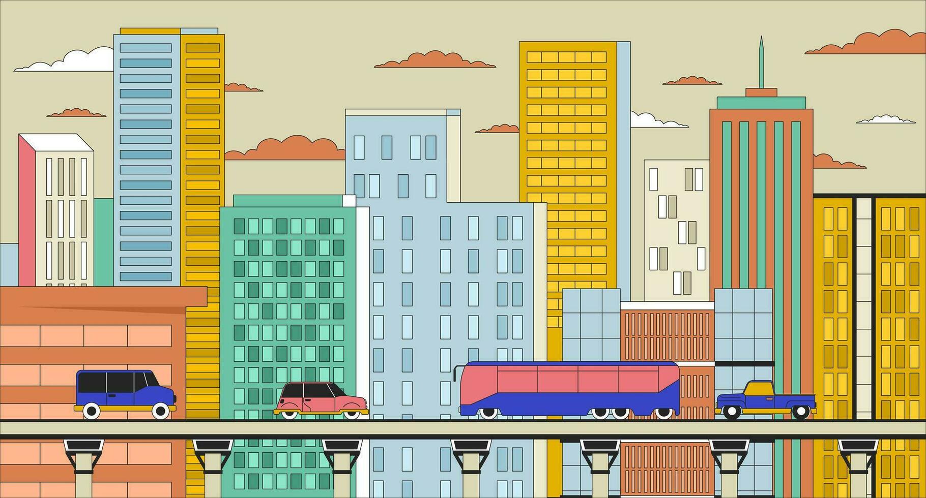 Cityscape day line cartoon flat illustration. Vehicles road transportation 2D lineart scenery background. Buildings skyscrapers, transport highway bridge. Highrise urban scene vector color image