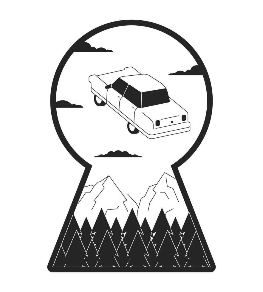 levitando retro coche en ojo de cerradura forma negro y blanco 2d ilustración concepto. surrealista aventuras pasión de viajar dibujos animados contorno escena aislado en blanco. psicodélico paseo cielo metáfora monocromo vector Arte