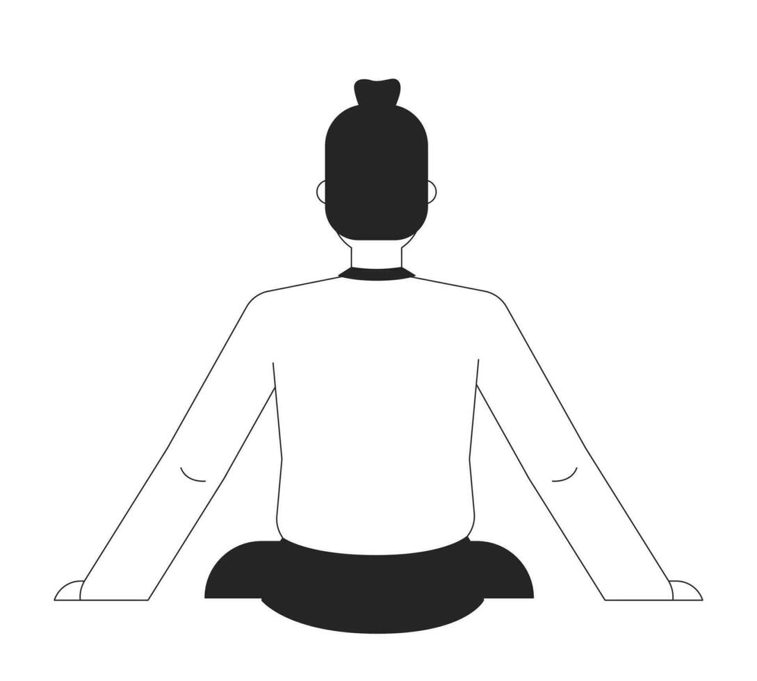 Pensive man watching back view black and white 2D line cartoon character. Caucasian adult male sitting back isolated vector outline person. Carefree lifestyle monochromatic flat spot illustration